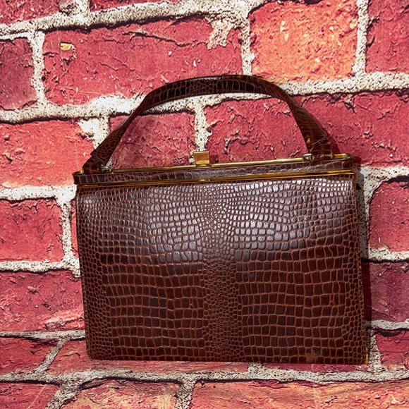 Handbags - Vintage 1950s–1960s Brown Croc-Embossed Top Handle Frame Handbag